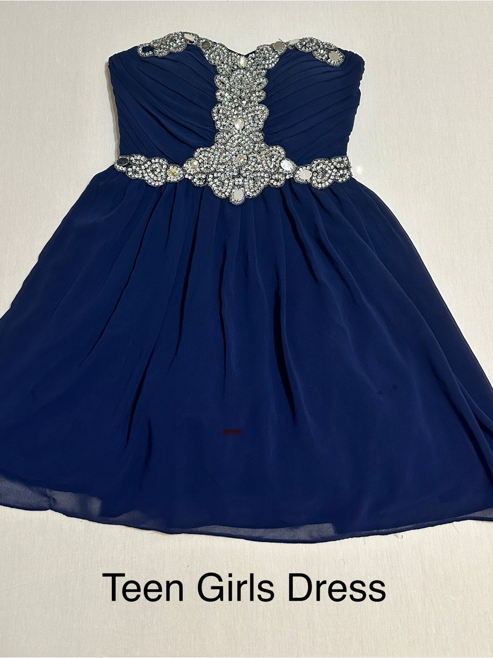 Navy Blue Strapless Teen Girls Party Dress with Jeweled Bodice